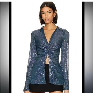 Free People Blue Sequin Long Sleeve Blouse